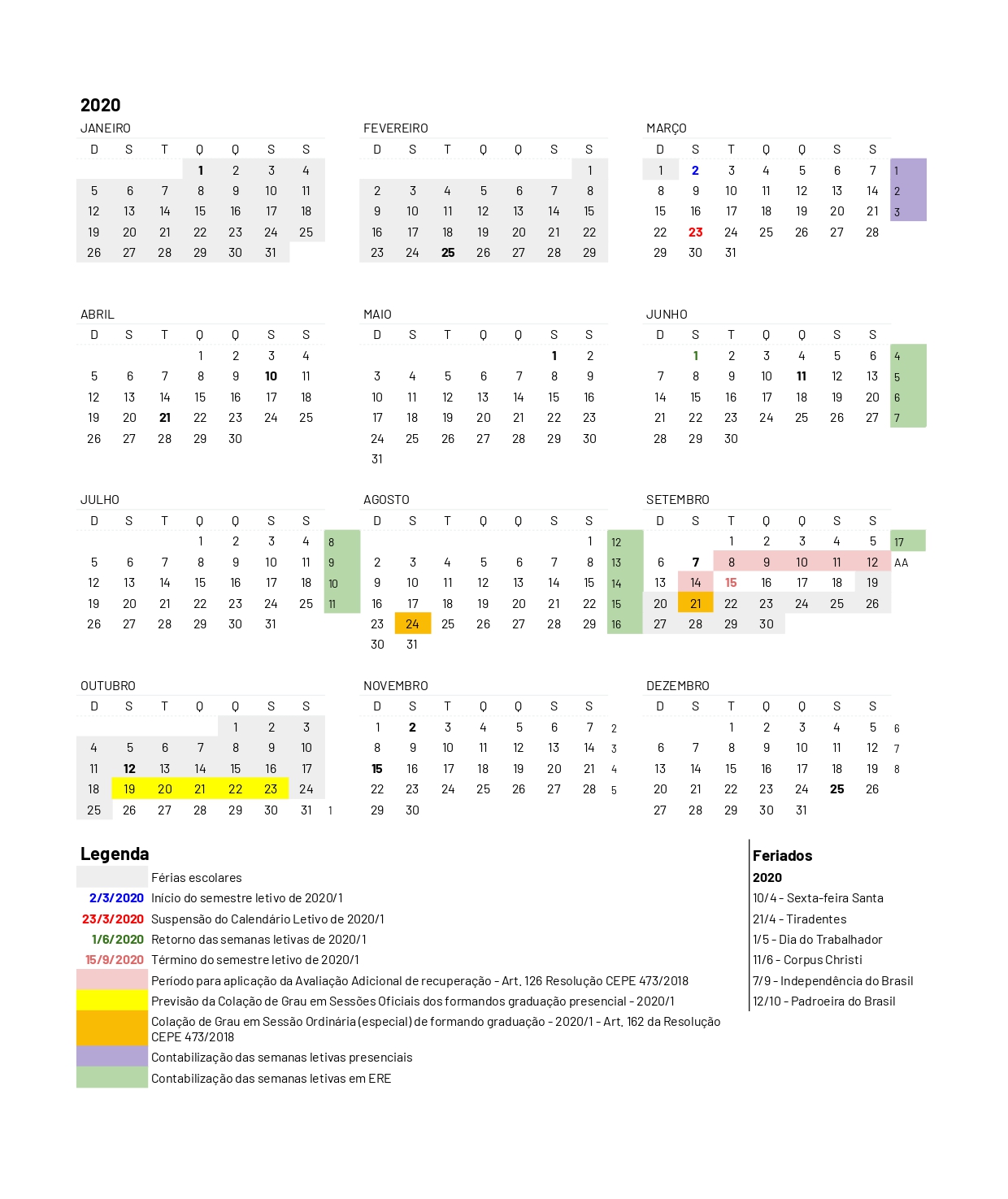 Calendario Letivo 20201
